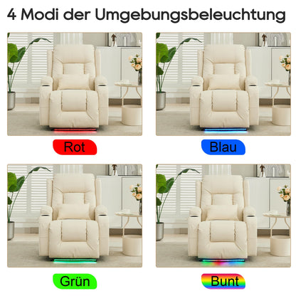 SITURAY Elektrischer Relaxsessel mit Massage, Wärme, Liegefunktion, LED, USB, Kunstleder, bis 150 kg, Fernsehsessel Beige fürs Wohnzimmer.