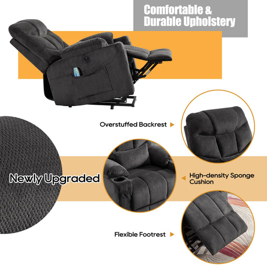 YONISEE Elektrischer Massagesessel mit Aufstehhilfe, Heizung, Massage, USB/Typ-C, Getränkehalter, 4 Taschen, Relaxsessel für Wohnzimmer.