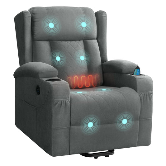 WOLTU Elektrischer Massagesessel mit Liegefunktion, Heizung, Aufstehhilfe, Fußstütze, Taschen, Becherhalter, USB-Port, Grau, Frottee.