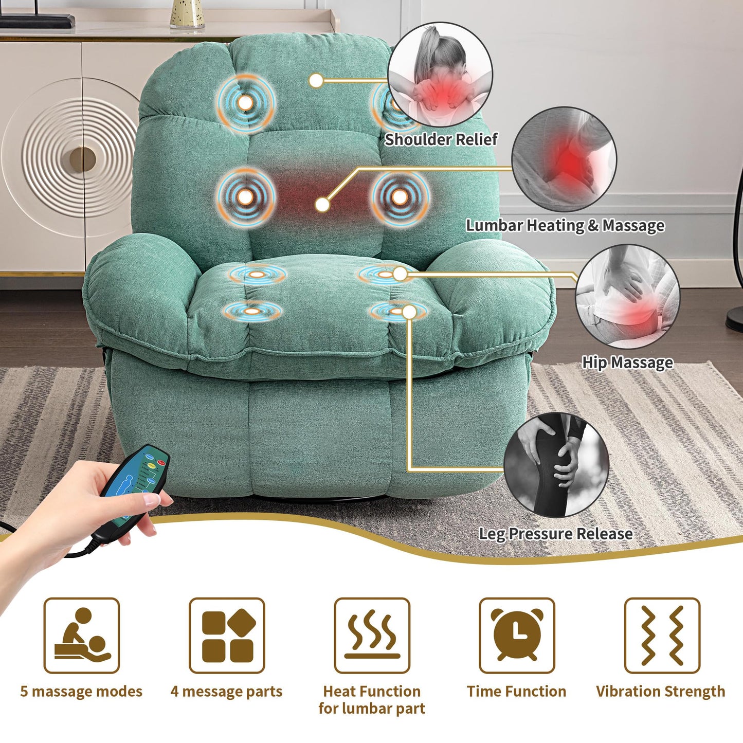 ALEAVIC Elektrischer Massagesessel mit Heizung, Vibration, Typ-C & USB, 1 Seitentasche, Liegefunktion, TV-Sessel für Wohnzimmer, Grün.